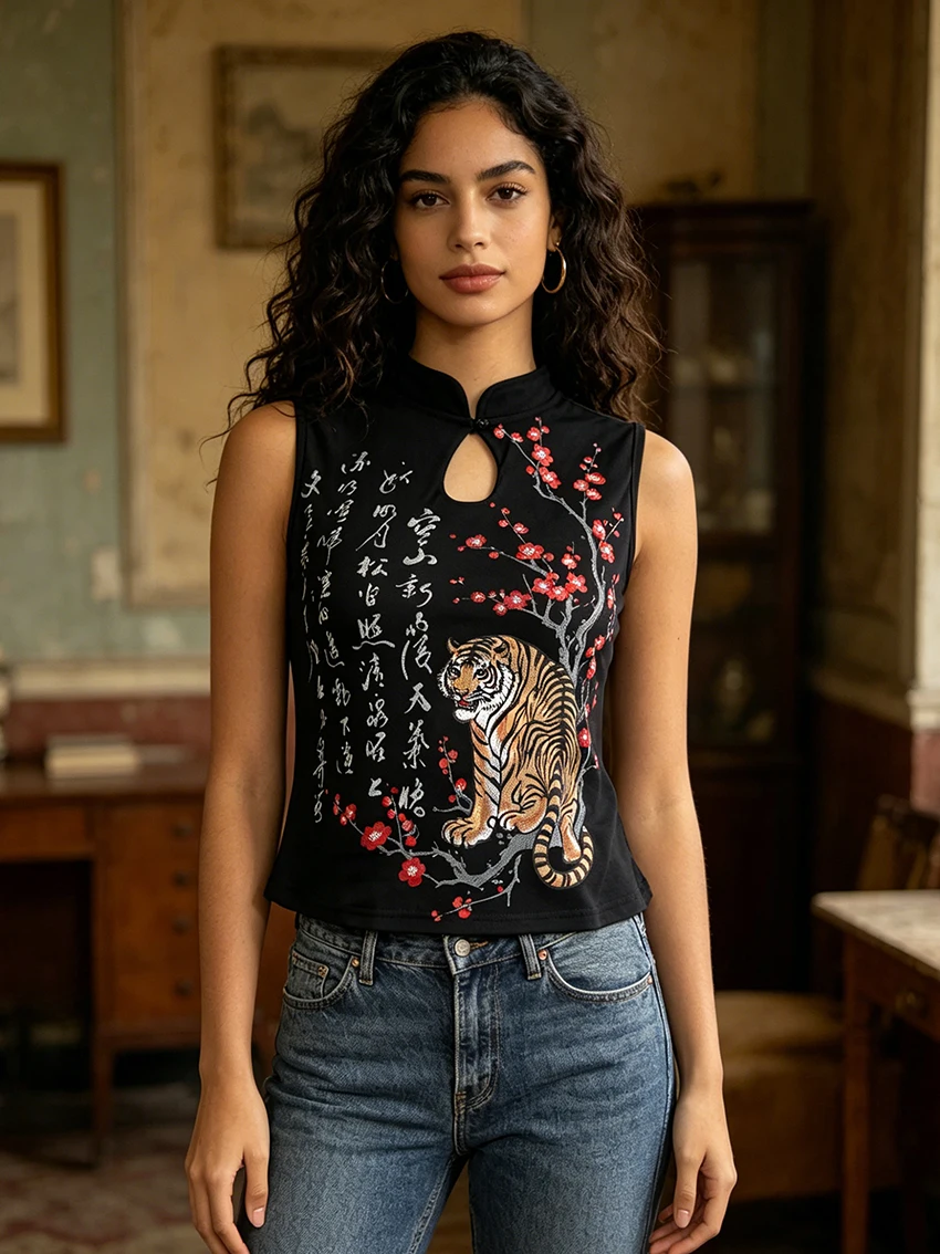 Retro Aesthetics Punk Sleeveless Top Traditional Tiger Red Plum Floral Calligraphy Print Hollow Neck Slim Streetwear Casual Vest