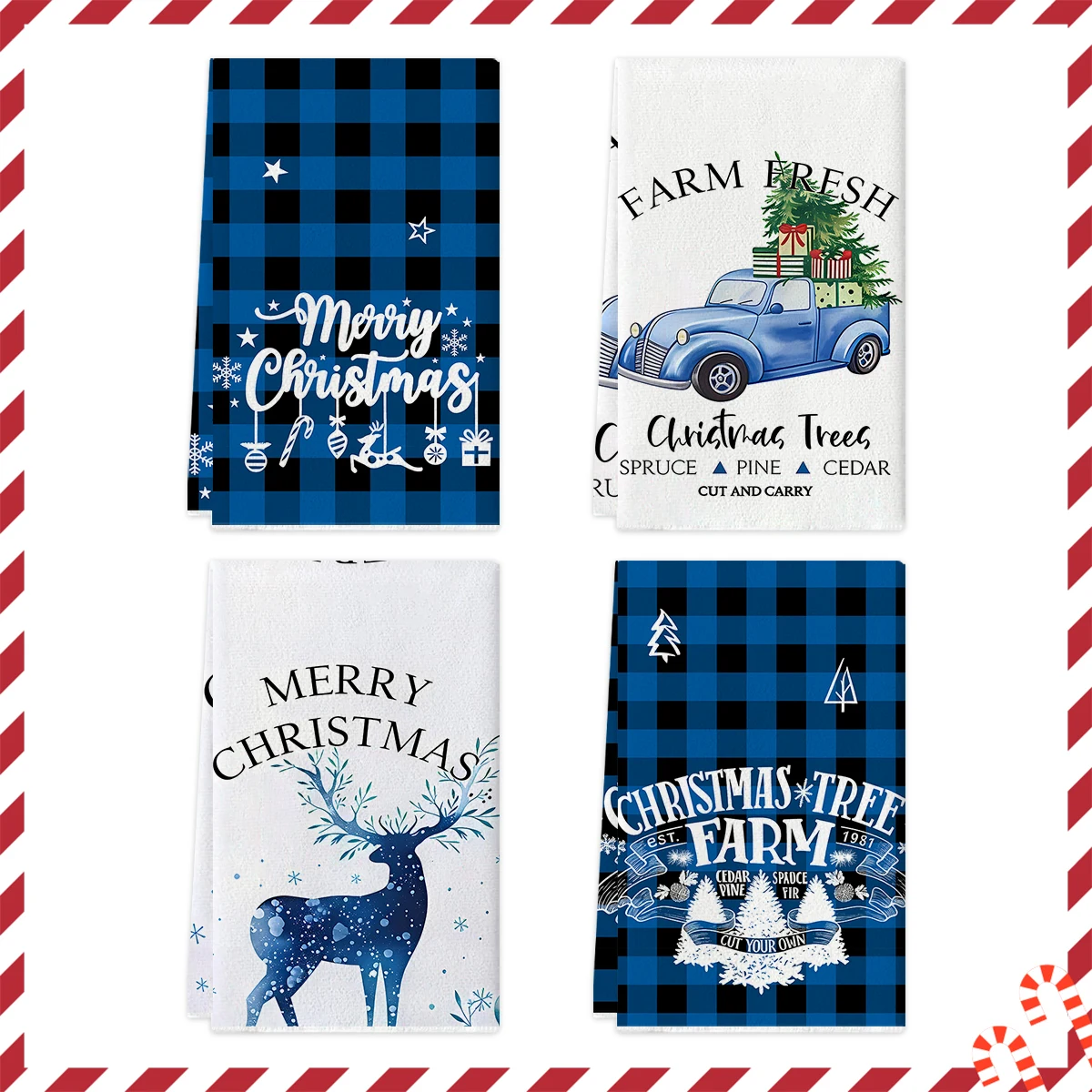 2/4 قطعة مناشف مطبخ عيد الميلاد، أزرق أسود شبكة الجاموس مزرعة شجرة عيد الميلاد شاحنة نمط أطباق، منشفة سهلة التنظيف #1