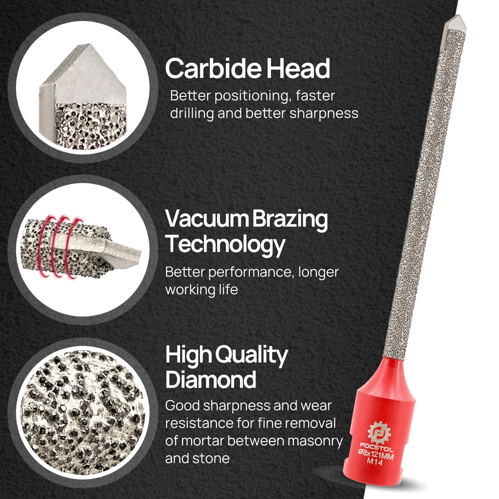 FOCSTOL Diamond Milling Bit Dia 8mm head hard alloy Remove Mortar Between Bricks Stones for Expanding Holes Finger Mill Bit