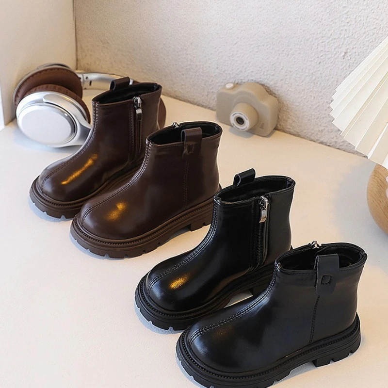 

New Fashion Kids Retro Ankle Boots Classic Winter Girls Simple School Cotton Boots Thick Bottom Children's Plush Boots Zipper