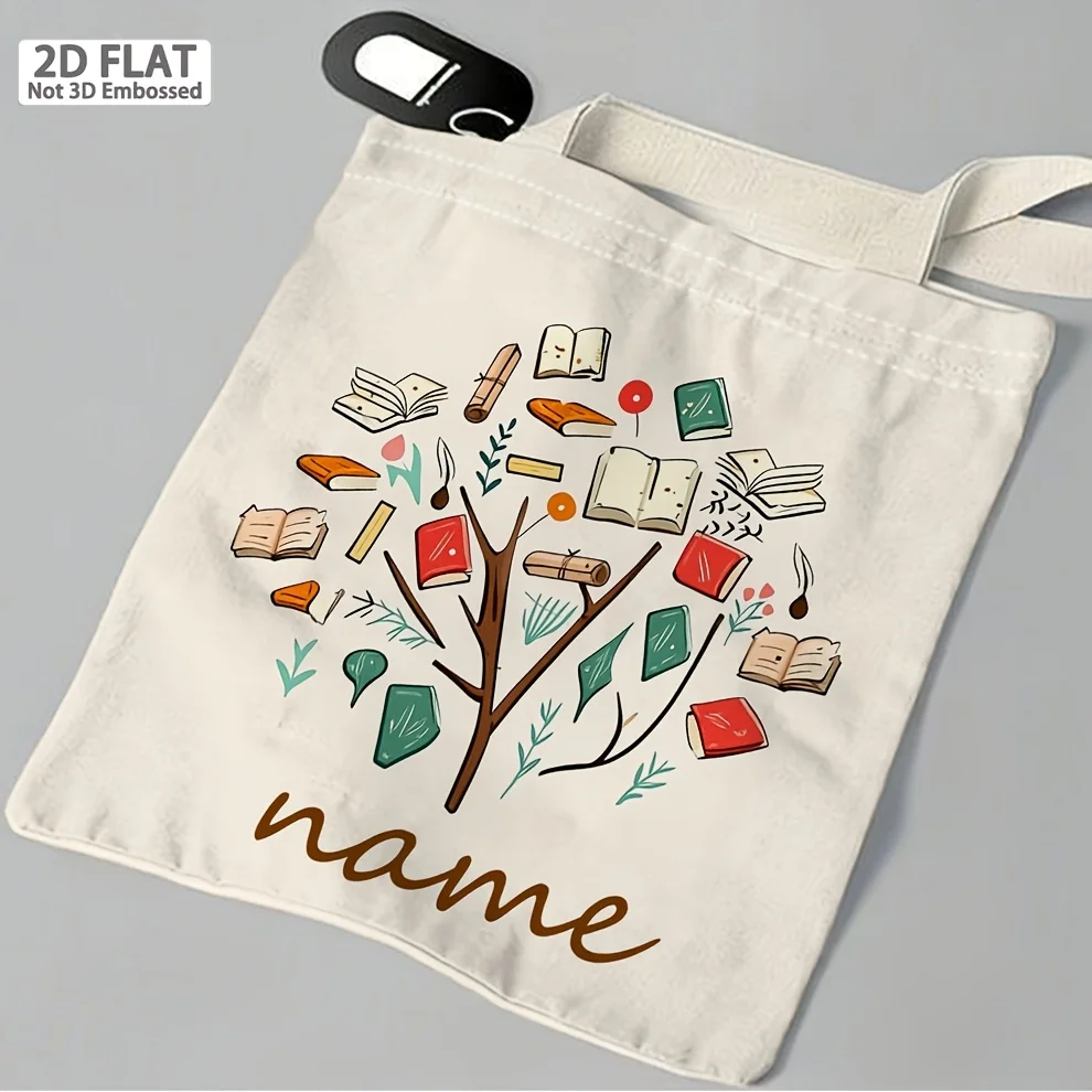 Personalized Book Theme Tote Bag for Women Customizable Name/Initials/Text Book Tree Pattern with Washable Bag for Travel view 3