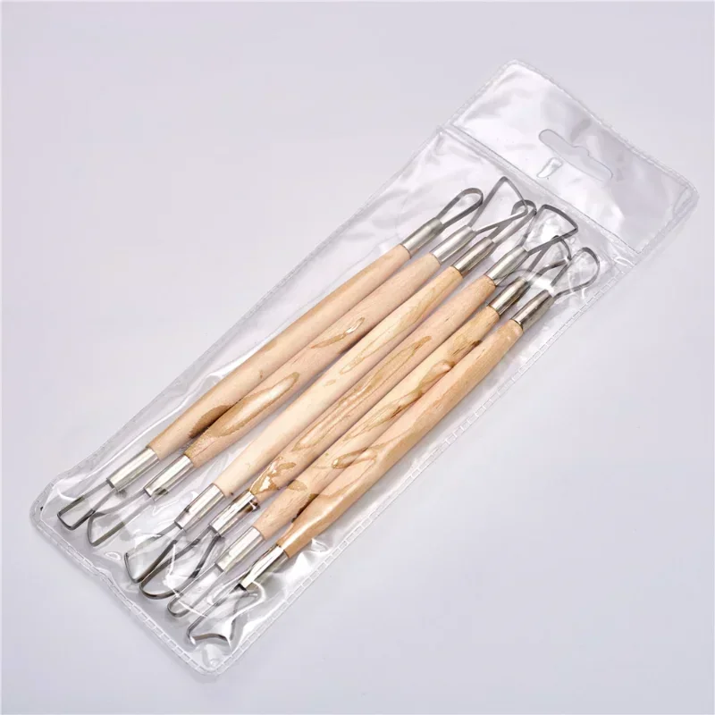 6Pcs/Set Wooden Handle Wax Pottery Clay Sculpture Carving Tool Art Craft Clay DIY Set Wood Knife Tools