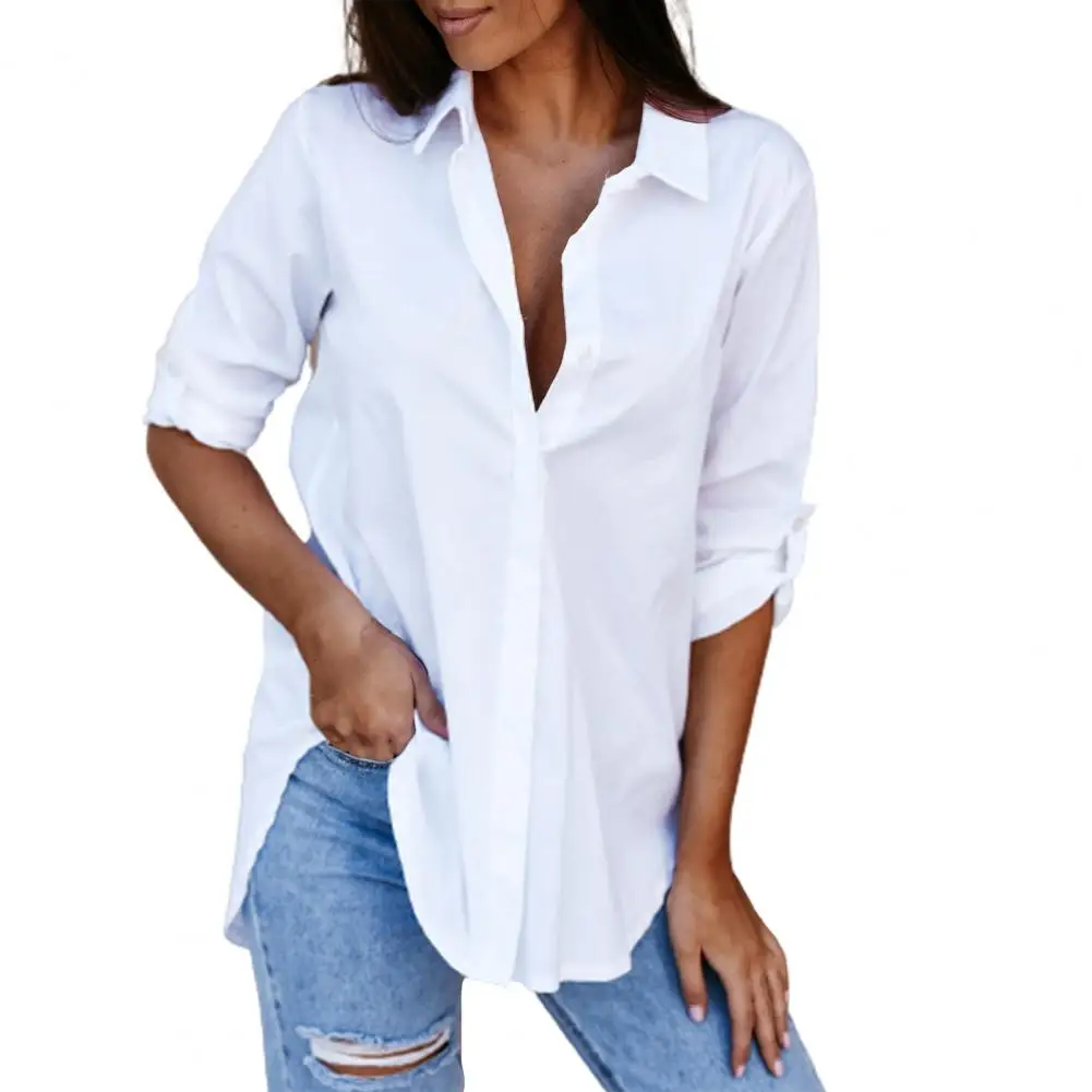 Camisa de lapela monocromática feminina, decote em v, manga comprida, botões respiráveis, blusa popular, todos os jogos, festa