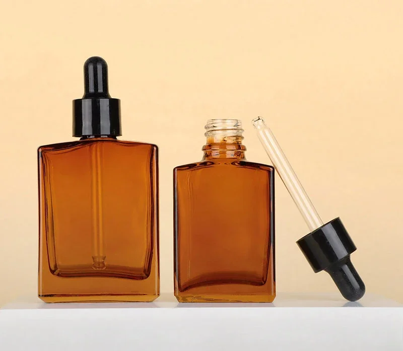 30ml/50ml Amber Flat Shoulder Glass Bottle - Essential Oil Dropper Bottle with Pipette, Rectangular Container for Aromatherapy
