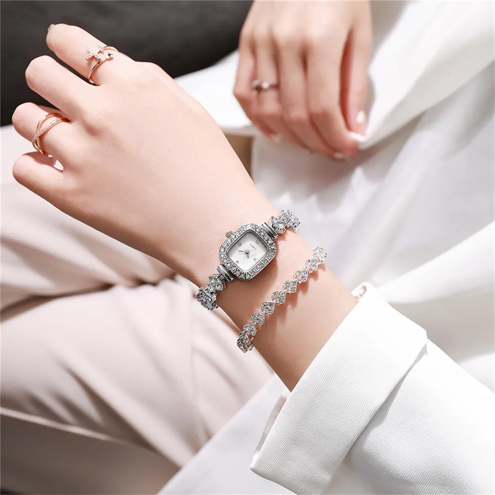 2piece set Ladies Luxury Diamond Set Square Shell Face Quartz Watch Fashion Stainless Steel Bracelet Women\'s Clock Watches