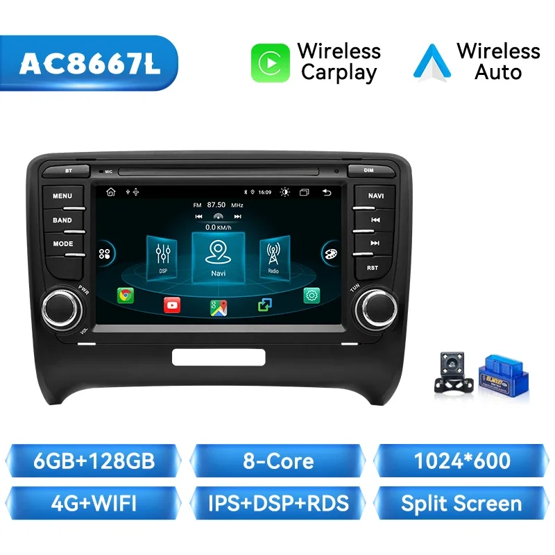 Draadloze CarPlay Android 14 autoradio voor Audi TT MK2 8J, ondersteunt BOSE soundsysteem, 1 Din AI spraakbesturing, GPS navigatie, 4G LTE WiFi, autoradio, multimediaspeler, plug & play