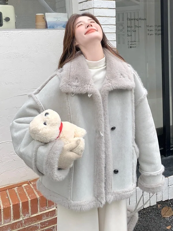 ey Blue Lamb Fur Jaet Women's Winter New Lazy Sle Suede Cotton Coat ort Length Inteated Leather And Fur Coat