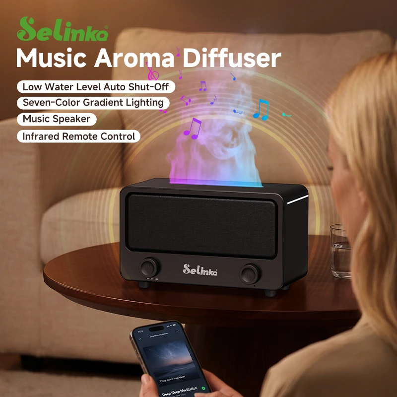 Flame Aroma Diffuser Built-in Music Speaker Ultrasonic Humidifier 7 Color Lights Waterless Auto-Off Essential Oil Diffuser