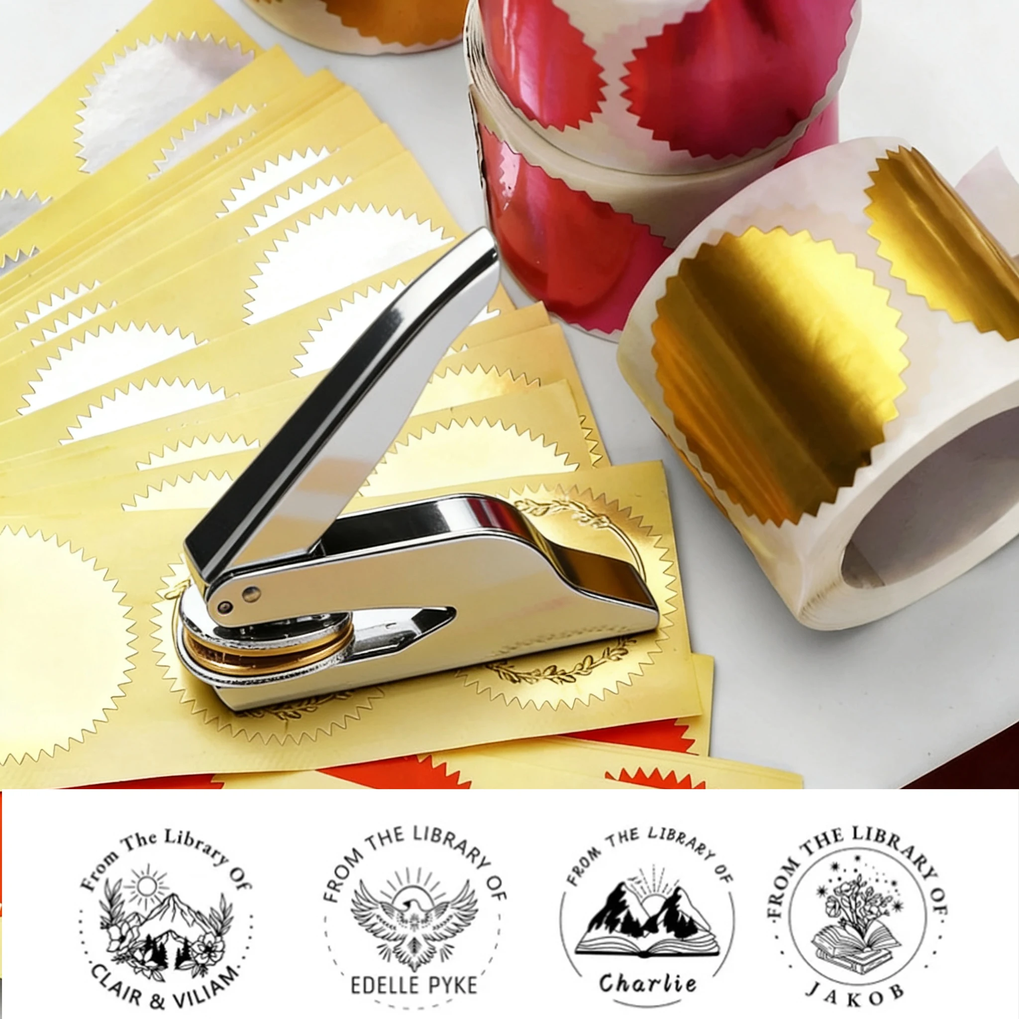 

Silver Embosser with Stickers From The Library Of Collection Custom Text Embossing Seal for DIY Book Wedding Envelope Card