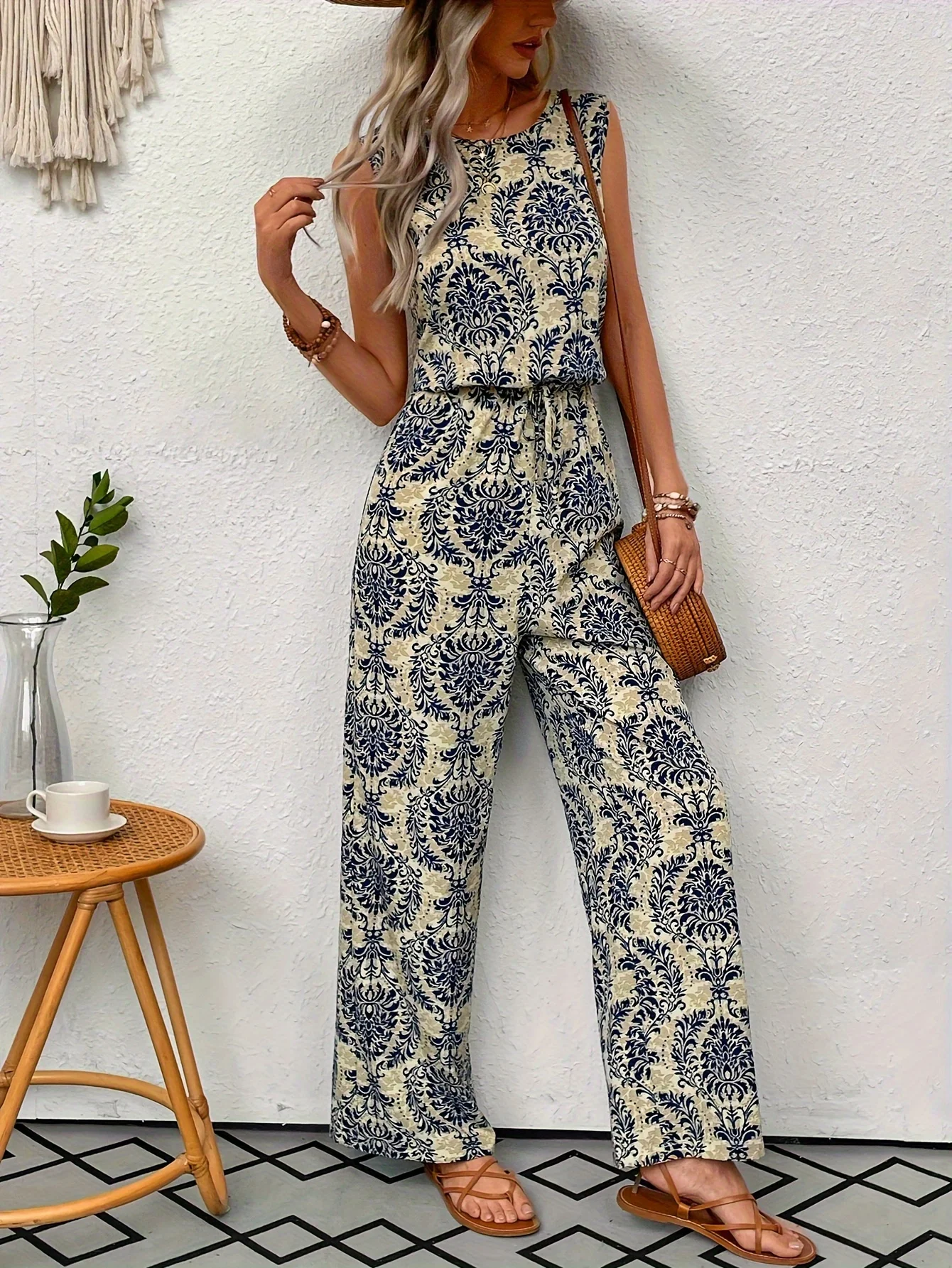 Women\'s Sleeveless All Over Printed Elastic Waist Jumpsuit