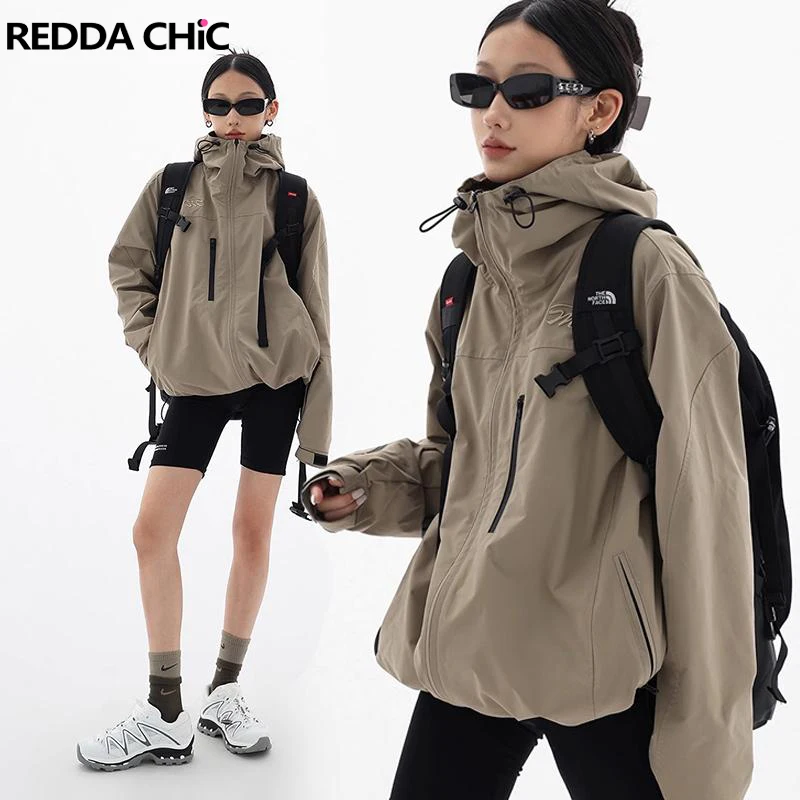 

ReddaChic Long Sleeve Hooded Women Outdoor Jacket Lightweight Oversize Trench Coat Snowboarding Windbreaker Sport Outwear Unisex