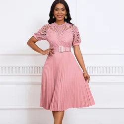 Women's New Short-sleeved Lace Splicing Pleated Dress Dress Dress Temperament Fashionable Pink A Word Spring and Summer