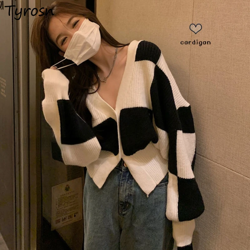 

Cardigan Women Loose Plaid Design New Korean Style Colleges V-neck All-match Fashion Simple Leisure Spring Knitting Clothes Ins