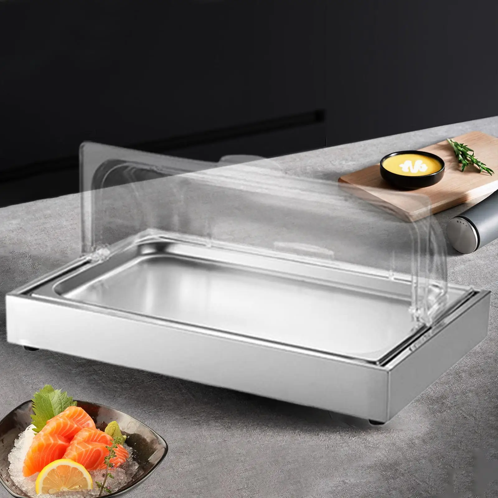 

Chilled Serving Tray Stainless Steel Buffet Cold Platter Ice Food Display Plate with Clear Roll Top Lid for Party Catering