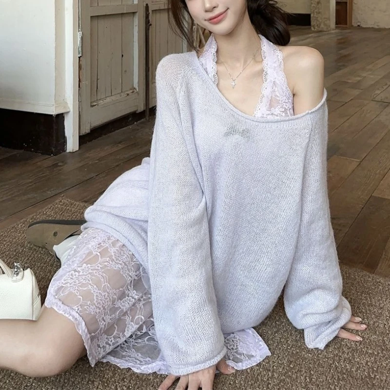 

New Autumn Sweet Elegant 2 Piece Set Women Lace Halter Dress +Long Sleeve Loose Off Shoulder Tops Vintage Korean Popular Clothes