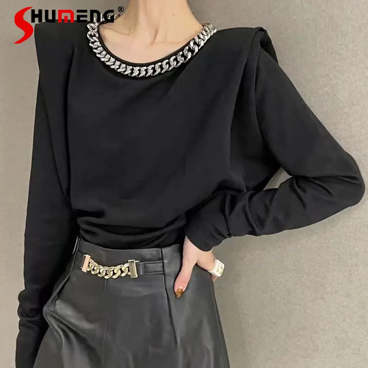 

European 2023 Spring New Women's Fashion Chain Fake Collar Flying Sleeves T-shirt Ladies Simple Elegant Long Sleeves Top Tees