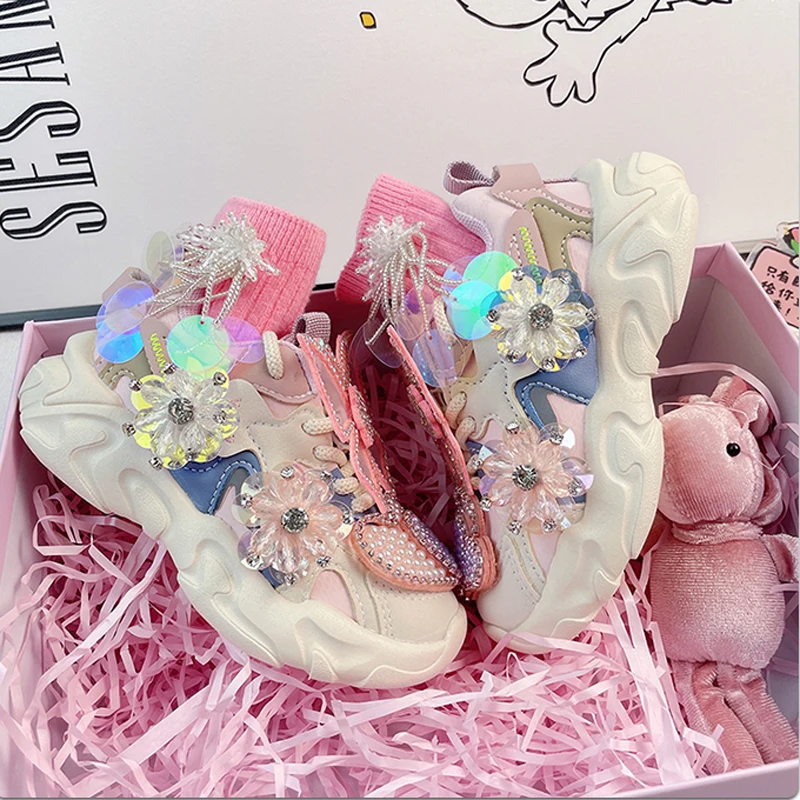 Girls Sneakers 2023 Autumn Winter Kids Fashion Brand Princess Running Sport Shoes Toddler Flats Children Warm Crystals Soft Sole