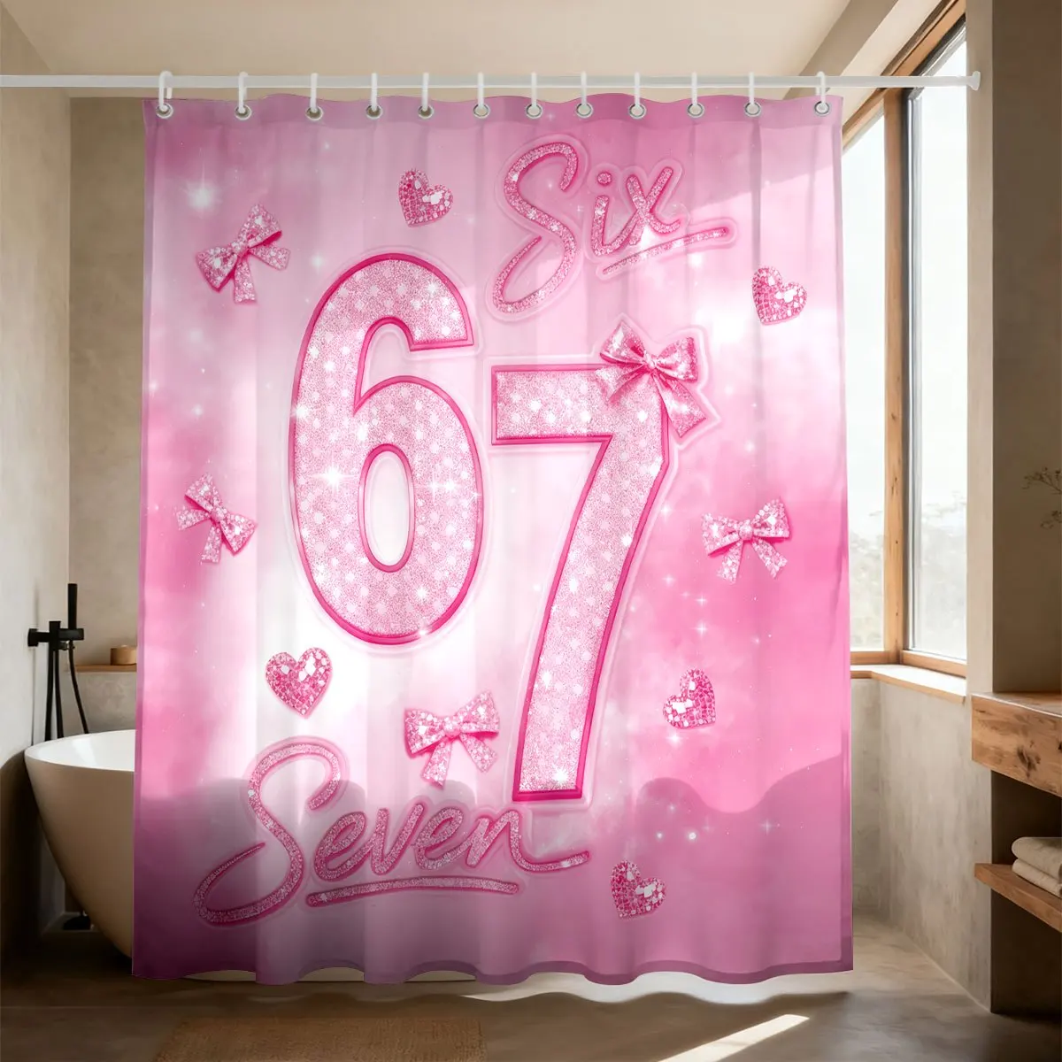 Shower Curtain Pink Glitter Kids Waterproof Bathroom Decor Cute Numbers Six Seven Counting Math Girls Room 180x180cm