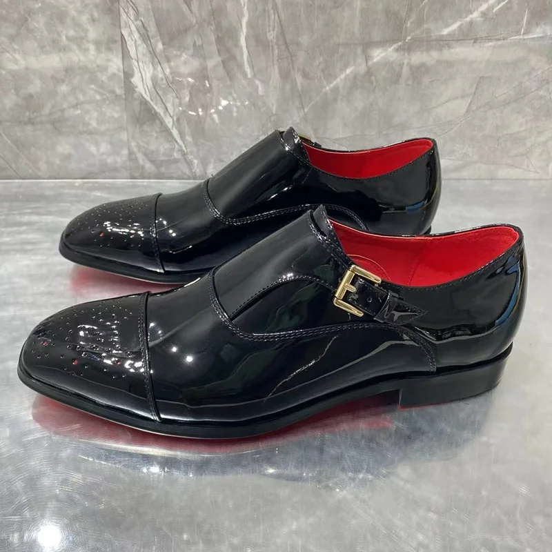 Men Black Patent Leather Shoes Fashion Buckle Loafer Men Dress Shoes Slip On Breathable Formal Shoes Casual Office Shoes