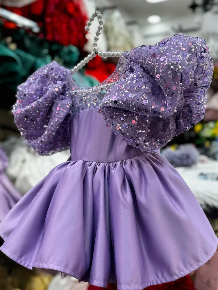 Children Dress Girls 1st birthday party Royal Blue Satin Sequin Wedding Flower Girl Baby Bubble Sleeves Princess Tutu Puff Dress