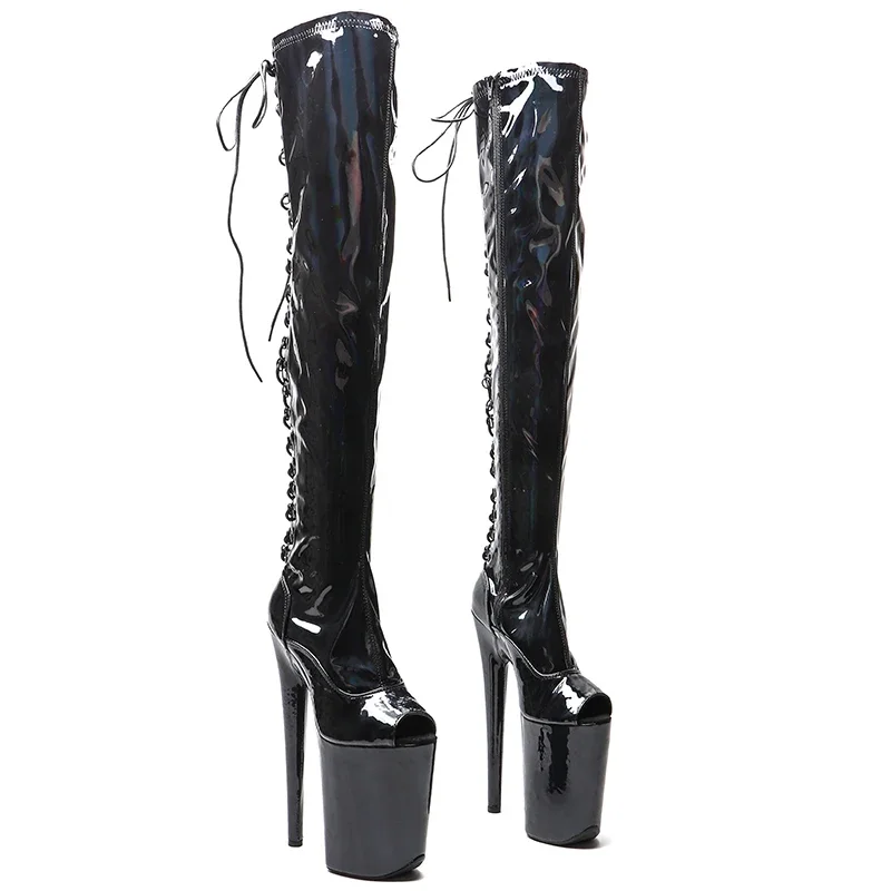 Leecabe   23CM/9inches holography Shiny  PU Open Toe   fashion  lady  High Heel platform stripper heel  Pole Dance boots