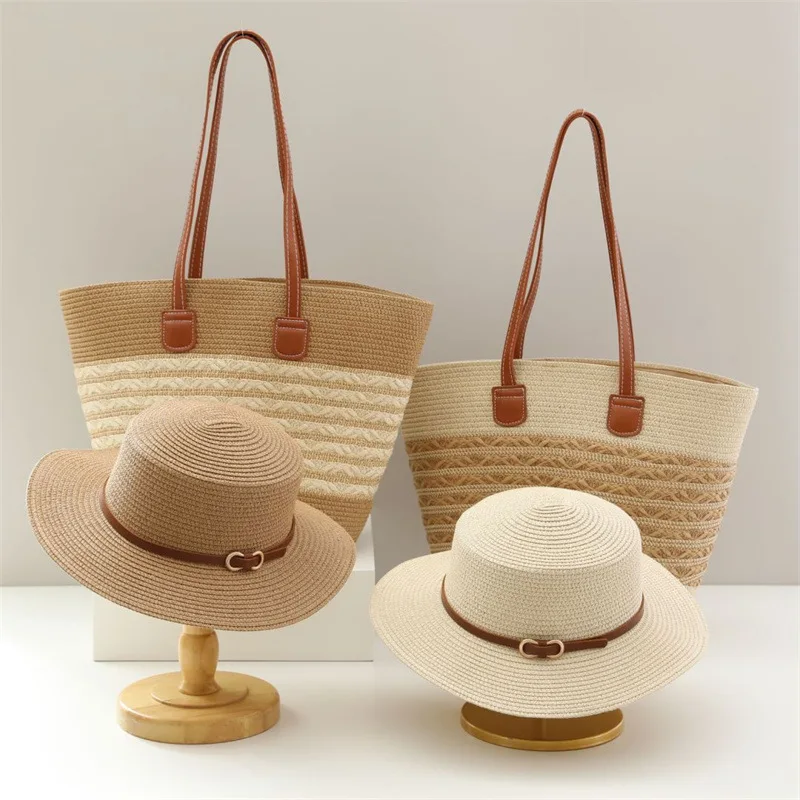 USPOP Summer 2-pieces Straw Hat and Bag Women French Flat Straw Hat with BeltLarge Capacity Straw Tote Bag for Beach Vacation