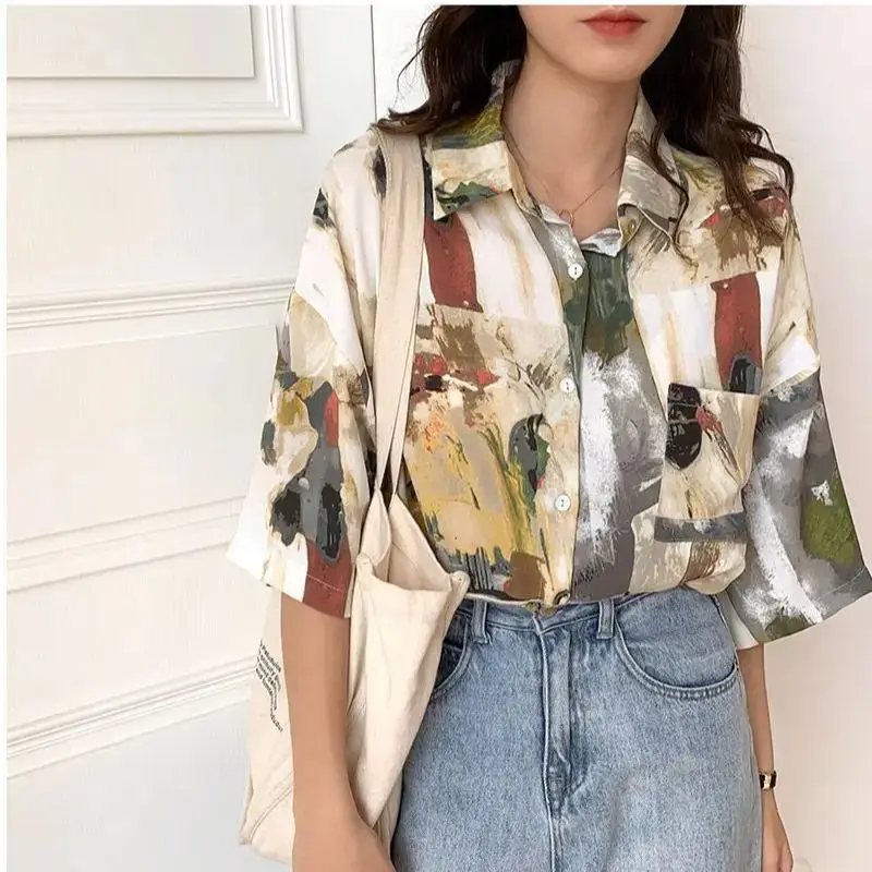 Blusa vintage de manga curta com impressão de pintura a óleo para as mulheres, top bonito, chique, streetwear coreano, roupas primavera