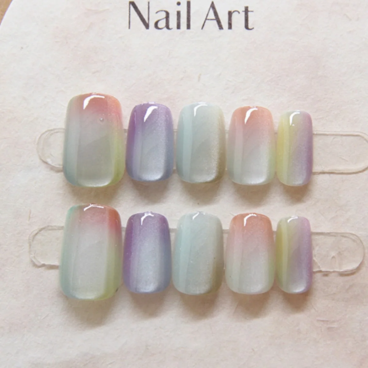 

10pcs Aurora Cat's Eye Handmade False Nails Art Wearable Smudge Colorful Design Short Ballet Fake Nail Tip Square Press on Nails