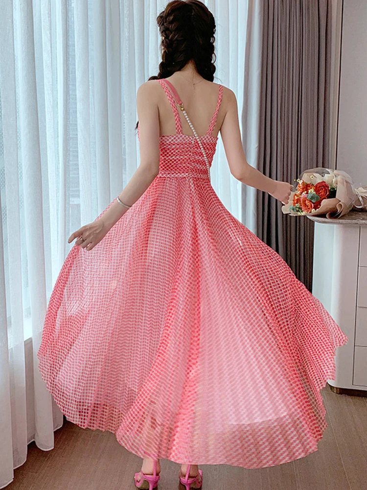 Dolce e carino vestito da partito sexy da donna vacanza maglia trasparente cinturino a pois rossi altalena senza schienale abito a pieghe vacanza al mare club abiti