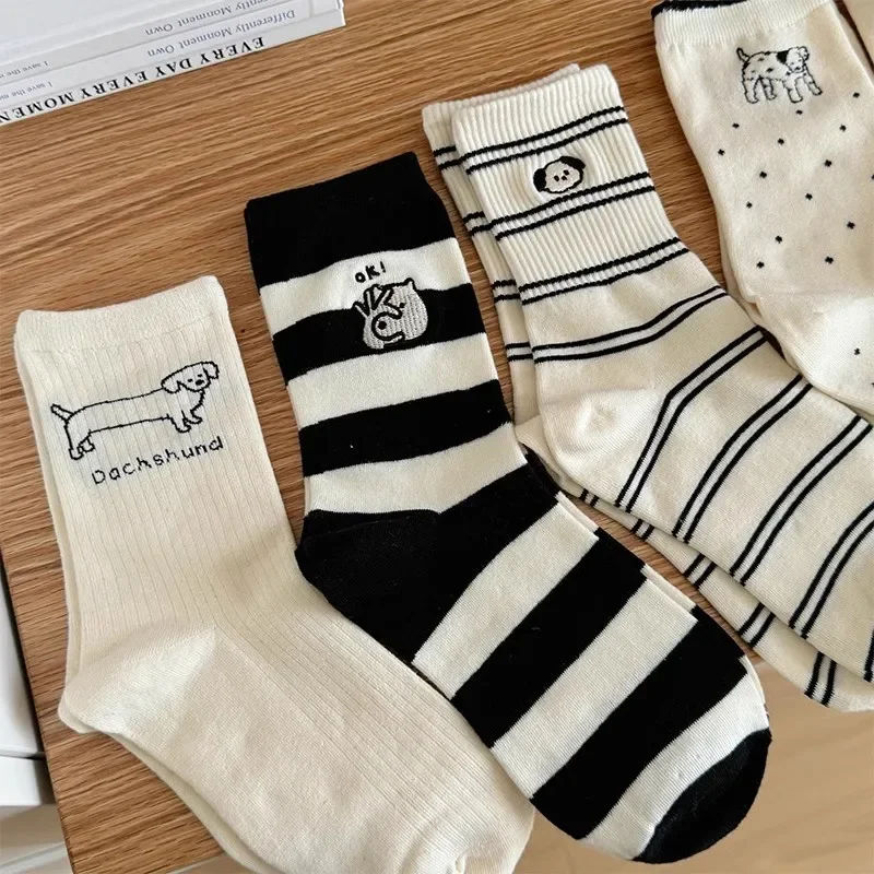 Cartoon Embroidery Cute Socks Women Casual Harajuku Streetwear Funny Dog Socks Japanese Fashion Girls Lolita Kawaii Socks Sox