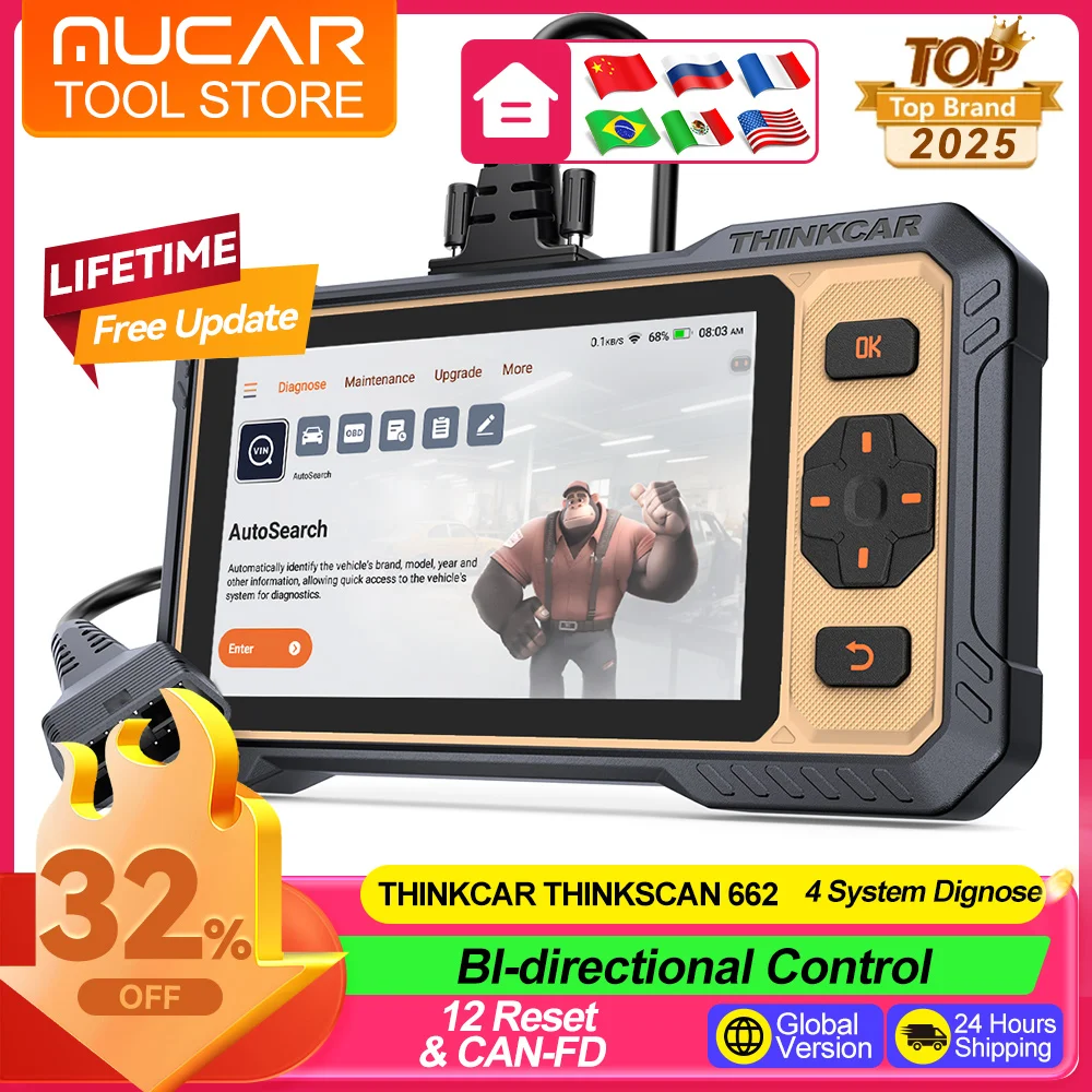Thinkcar Thinkscan 662 Diagnostic Tools ECM/TCM/SRS/ABS 4 Systems OBD2 Scanner 12 Resets Lifetime Free Update CANFD Scan Tools