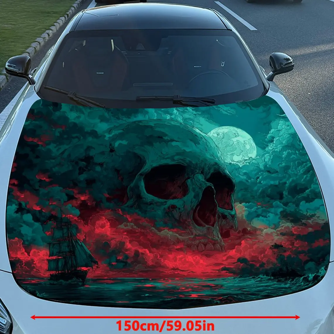 Nether Sea Skull Red Moon Lone Boat Car الفينيل التفاف، المواد البلاستيكية مقاوم للماء ملصق غطاء السيارة، ذاتية اللصق مقاومة للخدش St