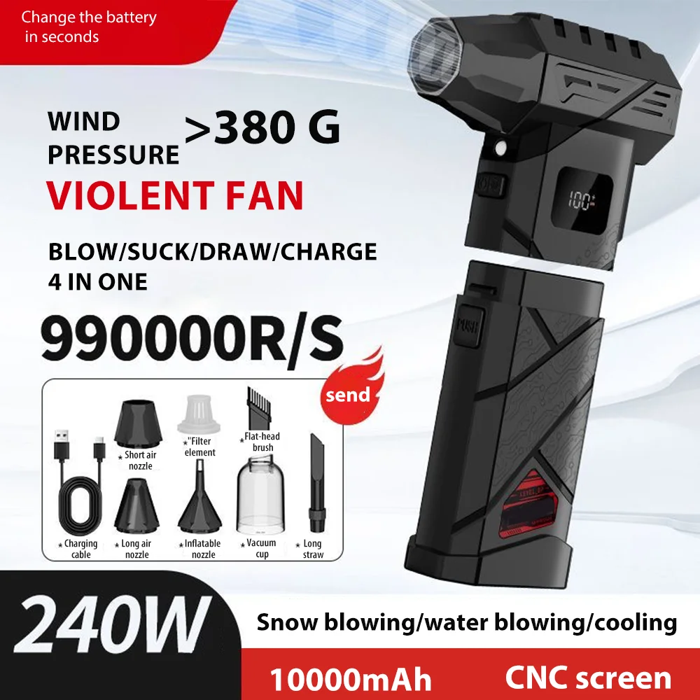 

Turbo Jet Fan 990000RPM powerful air blower Brushless 100-gear speed 60m/s Turbo Air Blower Violent Fan LED Lighting 10000mAh