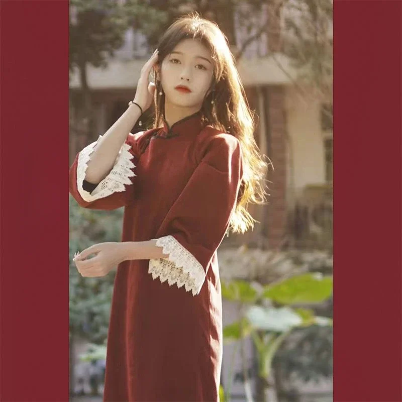 Chinese Traditional Qipao Dress Women Red Lace Long Sleeve Stand Collar Cheongsam Robe Soirée Femme Luxe Vestido Cheongsam Mujer