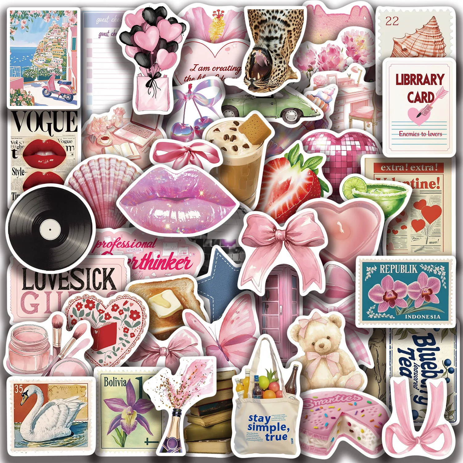 50 Stück Cartoon Rosa Ästhetische Serie Aufkleber Wasserdichte PVC Dekorative Sticker für Tagebuch, Scrapbooking, DIY-Dekoration