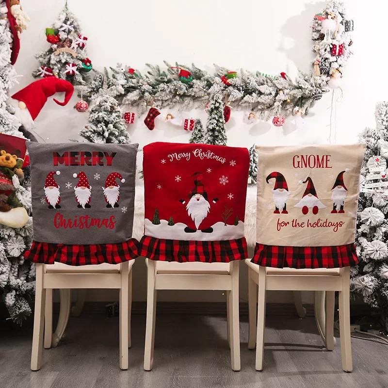 2024 New Christmas Decorations Gingham Chair Back Covers Linen Machine Embroidery Faceless Elderly Chair Covers