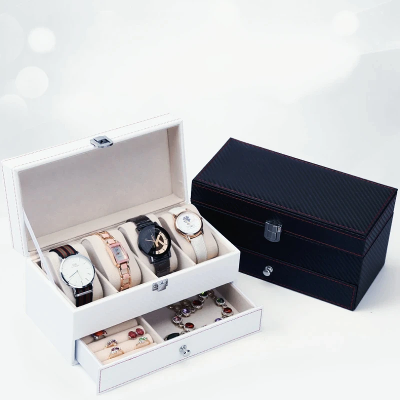 

Wooden Case Watch Display Box Leather Surface 4 Slots Luxury Shockproof Watches Holder Box Waterproof