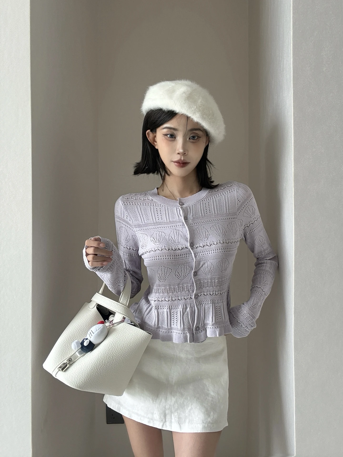 MianCun Hollow out Knitted Long Sleeve Women's Outerwear Cardigan Floral Top Autumn Season Lightweight Classic Length