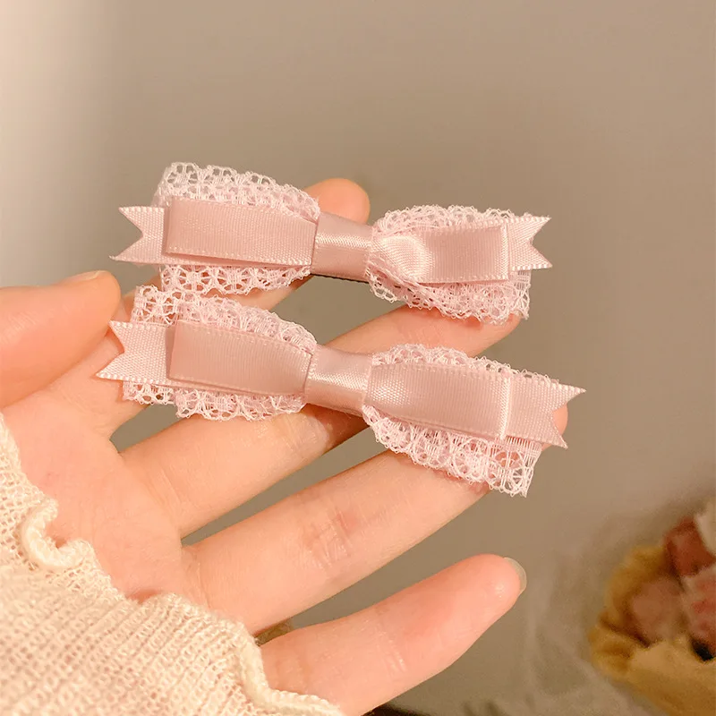 1pair Pink Ribbon Hair Bows Clips Lace Cute Headdress Zircon Bowknot Hairpin Girls Loli Cosplay Hair Accessories