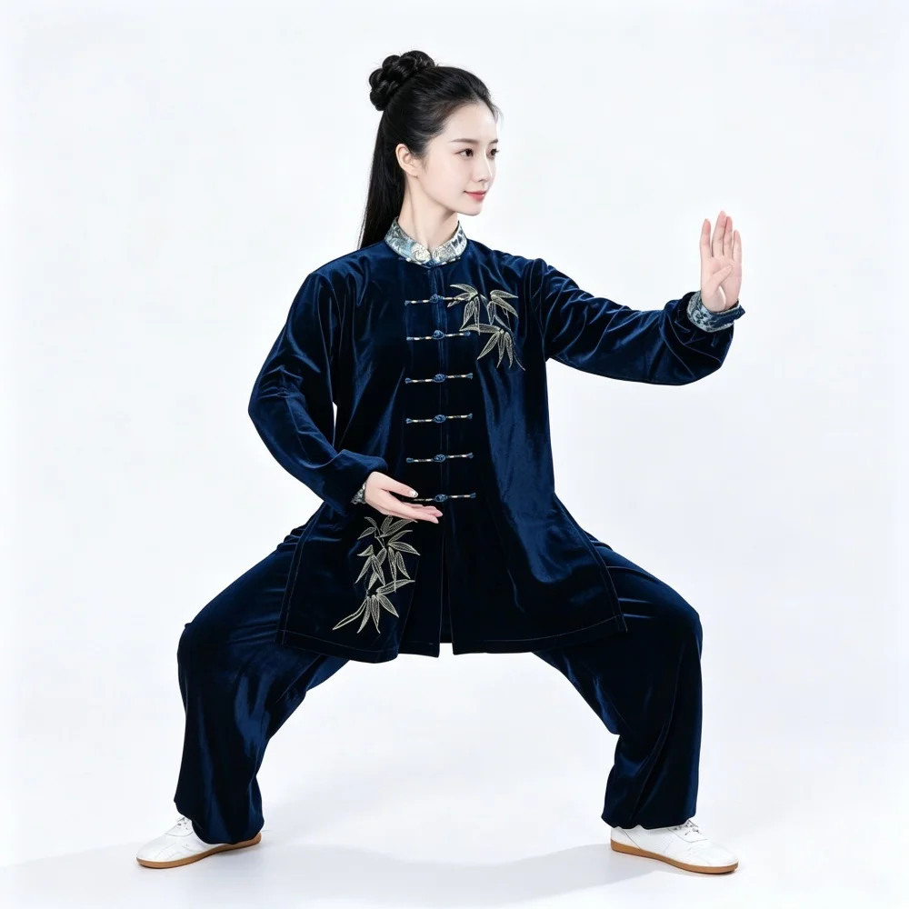 New Chinese Traditional Autumn Winter Tai Chi Suit Embroidered Bamboo Kung Fu Costume Loose Long Sleeve Top and Pants Set
