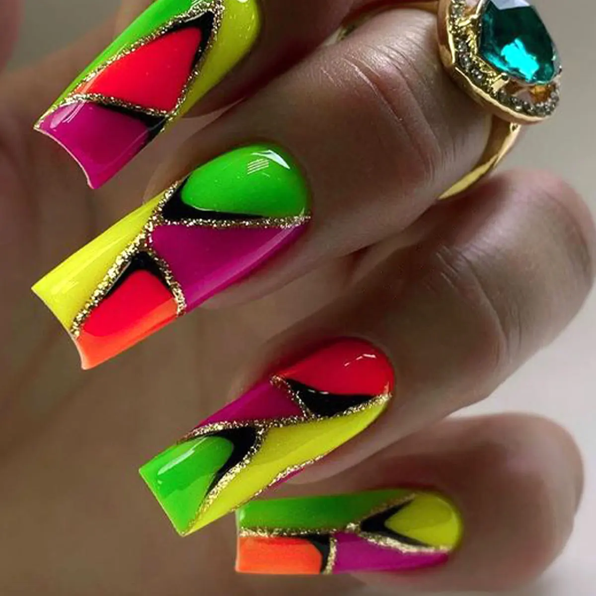 Long Press on Nails Coffin Shape Fake Nails Full Cover French Colorful Rainbow False Nails with Glossy for Women And Girls Nail