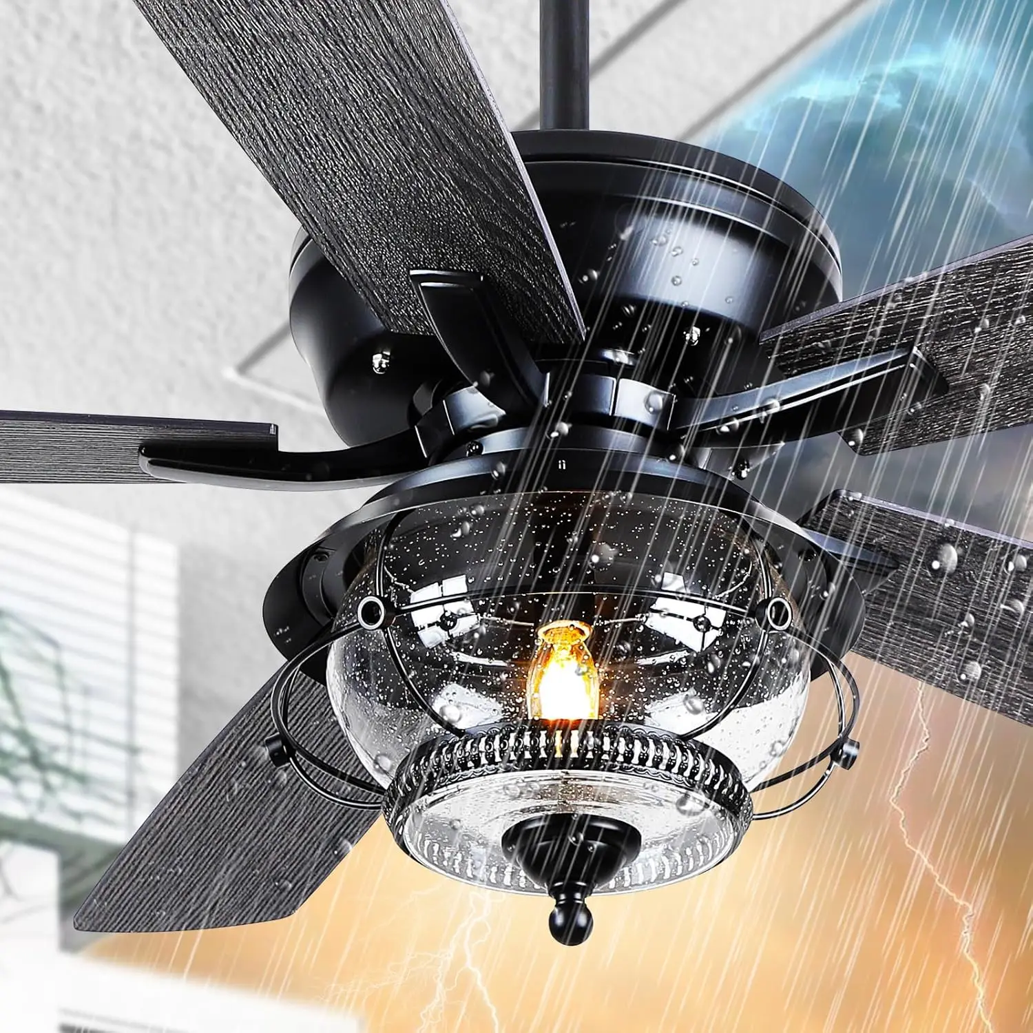 

Outdoor Ceiling Fans with Light and Remote - 52 Inch Waterproof Wet Rated Ceiling Fan, 6 Speeds Modern Black Fan Lights wi