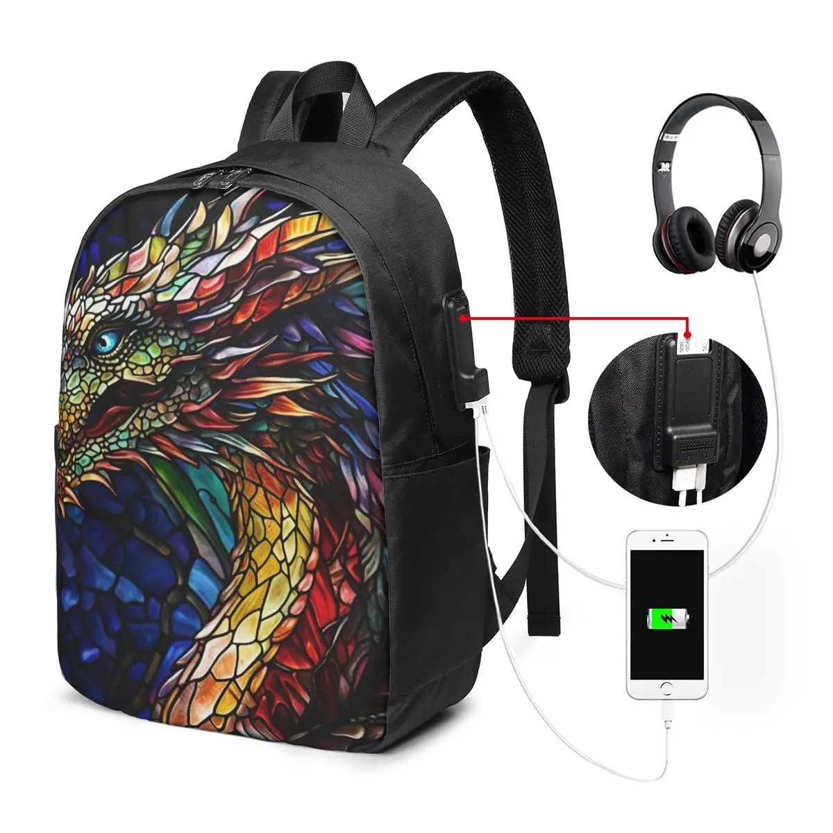 Vibrant Dragon Stained Glass Art Backpack Travel Notebook Bag Computer College Student School Bag Laptop Shoulder Bags Men Women