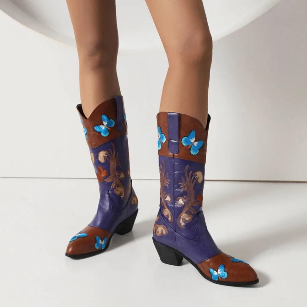 Graffiti Embroidered Western Cowboy Boots Women 2026 Spring New Rivet Square Toe Thick Heel Costume Boots Slip on Mid-calf Boots