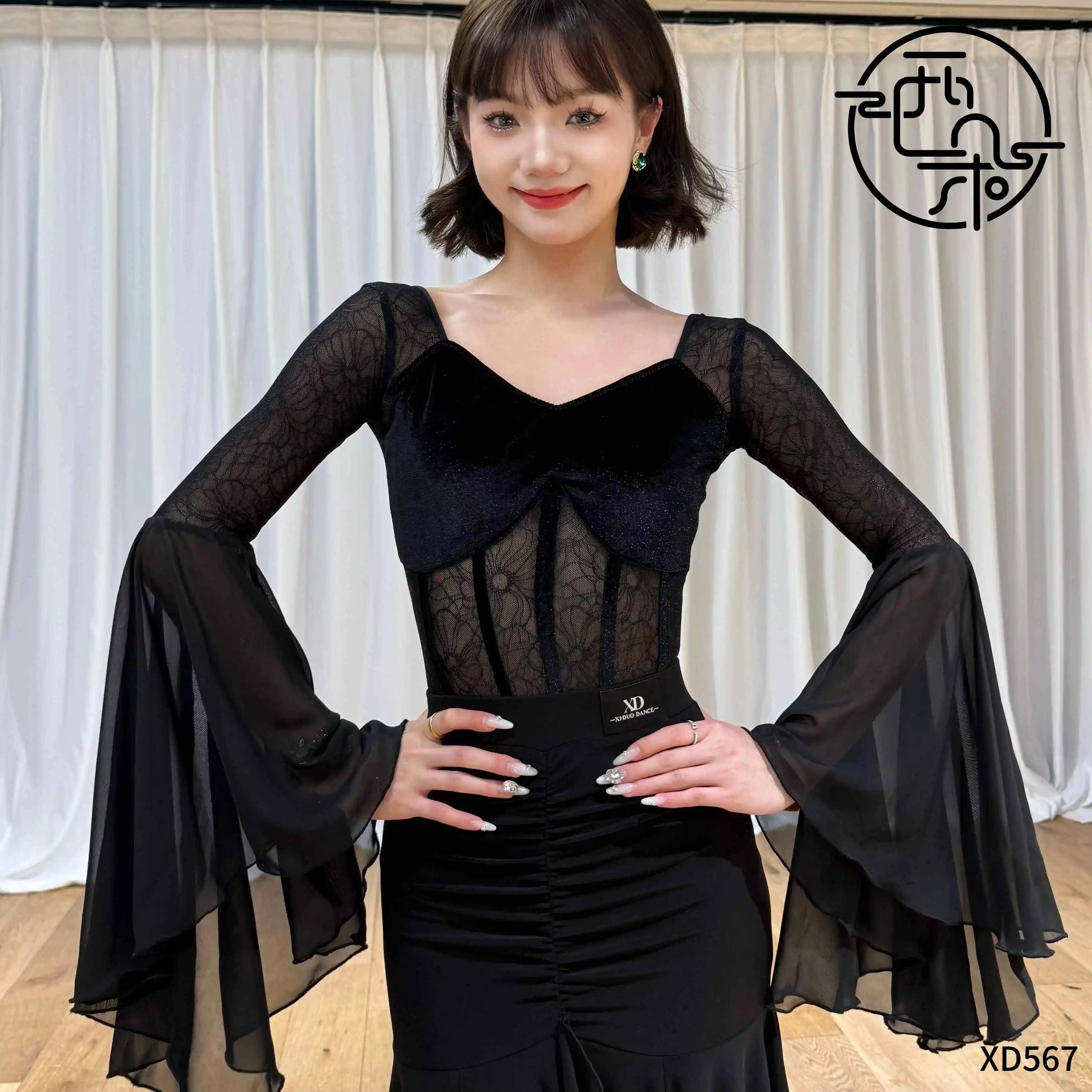 

Одежда для бальных танцев, черное кружевное боди с расклешенными рукавами, женская одежда для выступлений вальсом, одежда для занятий сальсой и латинскими танцами 17906