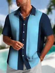 2024 New Men's Short Sleeve Shirt Outdoor Travel Loose Large Size Lapel Shirt Tops Two-color Splicing Printed Breathable T-shirt