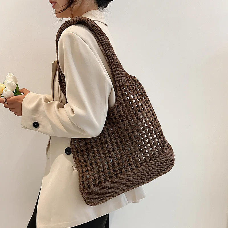 Vintage Hohl Design Gewebt Frauen Schulter Tasche Stricken Große Kapazität Handtaschen Sommer Reise Shopper Tote Für Damen Strand Taschen – Detail 7