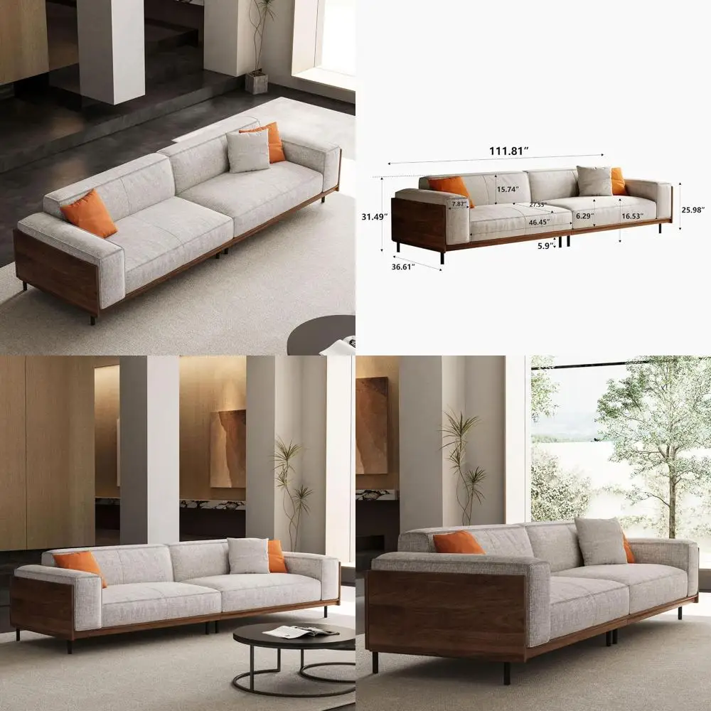 

4-местный диван с тканевой обивкой, деревянными и металлическими ножками, удобный для гостиной или офиса, простая сборка, серый цвет