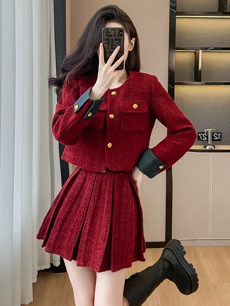 Fashion Elegant Red Suit Women\'s 2023 Autumn Winter Crewneck Gold Buckle Long Sleeve Coat+Pleated Skirt With Belt Two-Piece Set