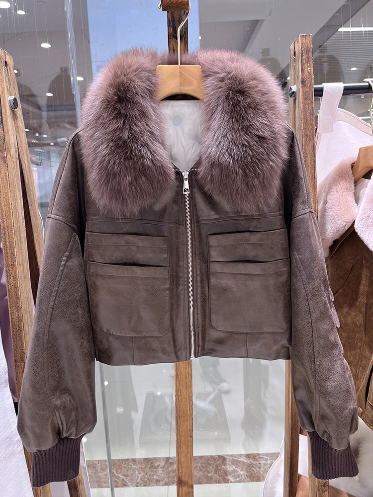 2025年冬 ナチュラルフォックスファー襟 ダックダウンコート レディース ルーズ ラグジュアリー 人工スエード パファージャケット 服